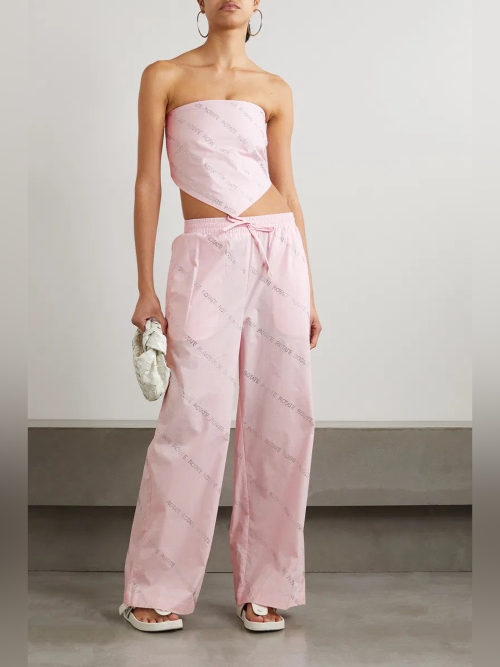 NWT ROTATE Birger Christensen Crystal Poplin Pants Pink Rhinestone Wide Leg Sz M